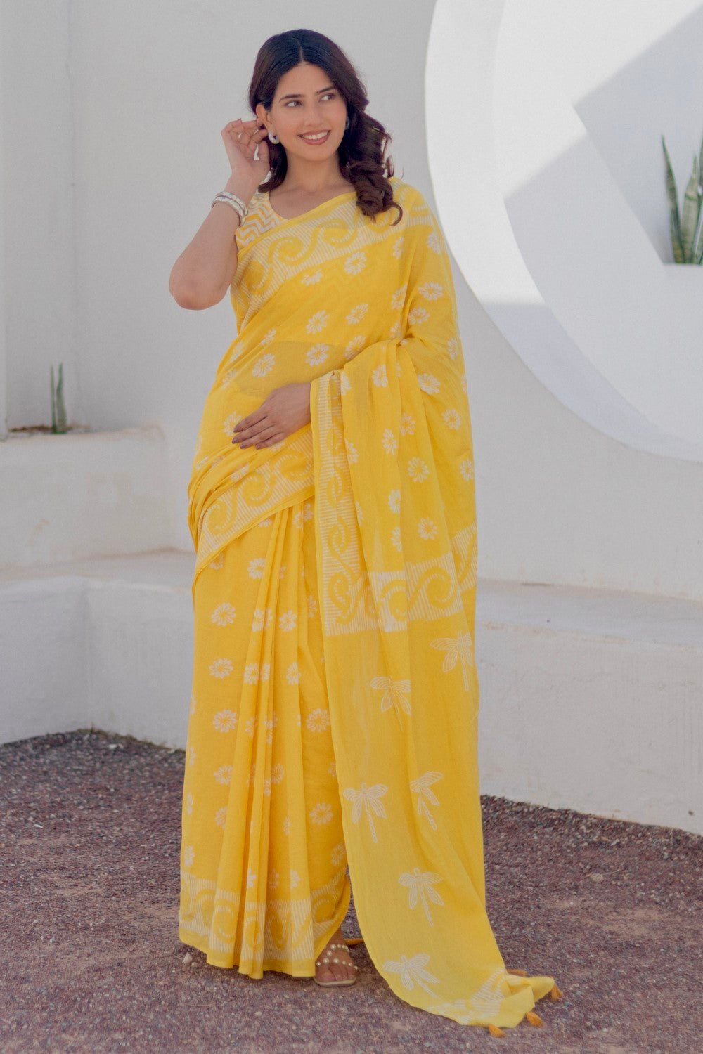 Sunshine Dots - Hand Block Mul Cotton Saree - SootiSyahi