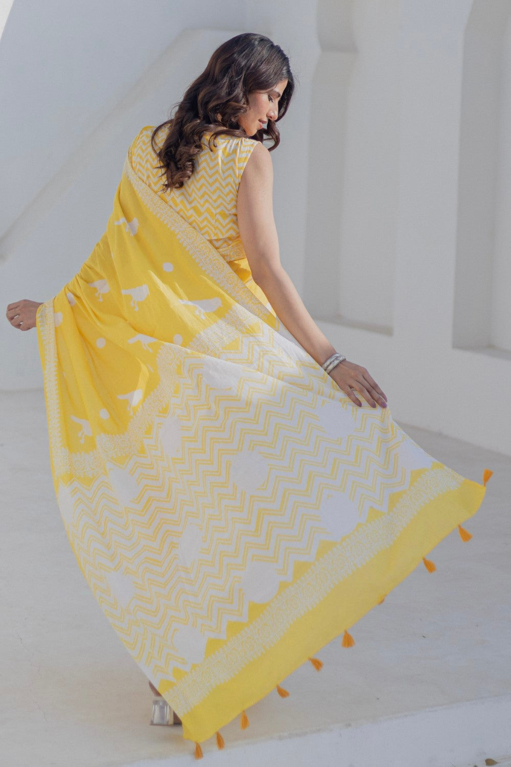Golden Birds - Hand Block Mul Cotton Saree - SootiSyahi