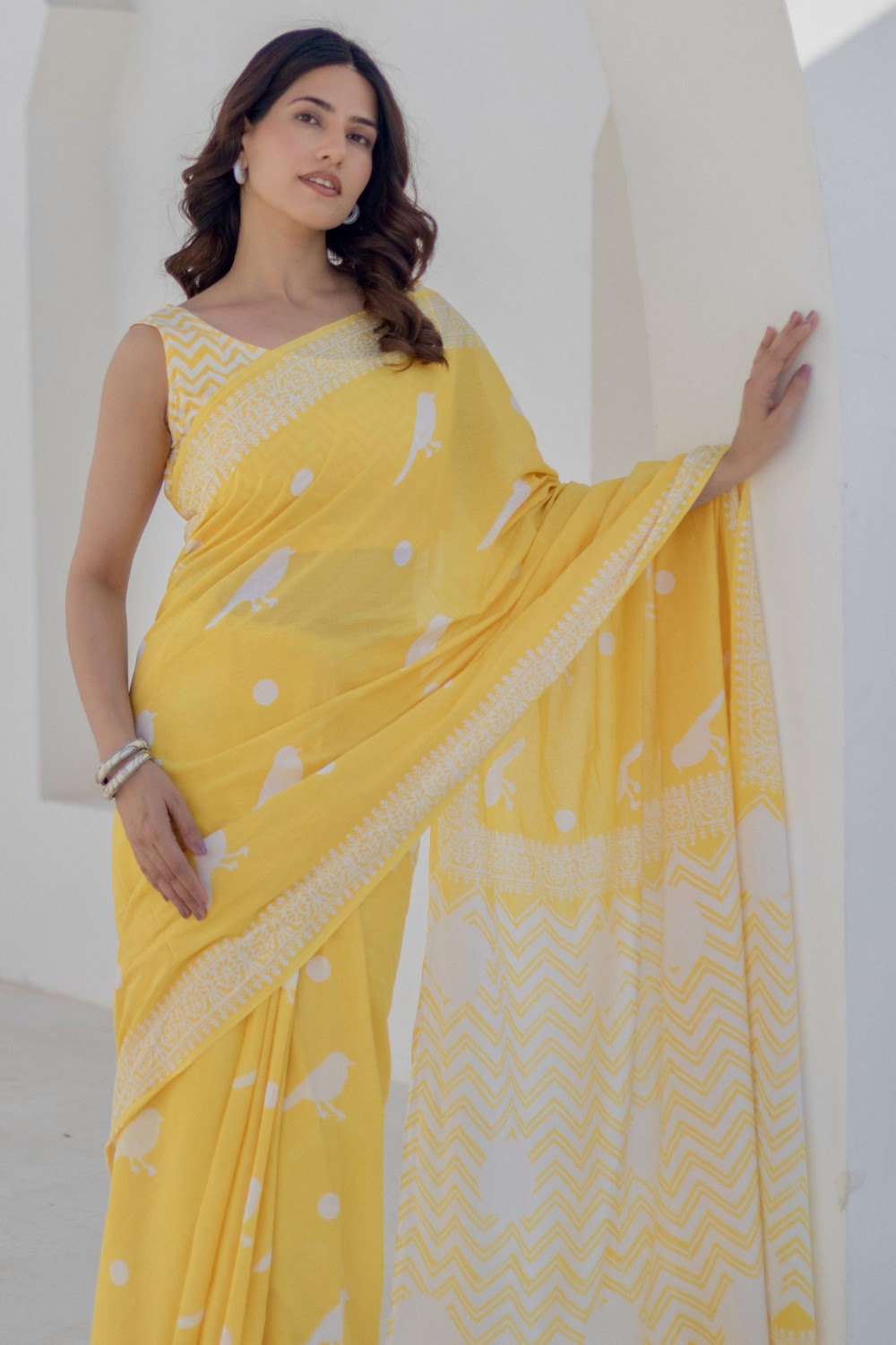 Golden Birds - Hand Block Mul Cotton Saree - SootiSyahi