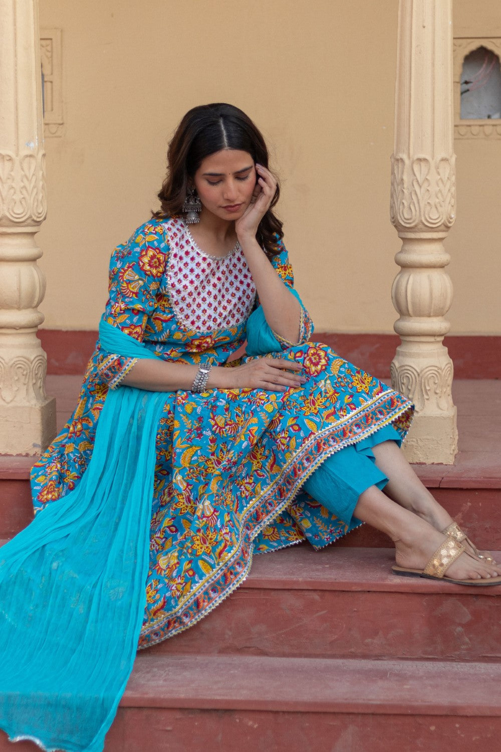 SootiSyahi-“Turquoise Festival" Hand Block Printed Cotton Suit Set