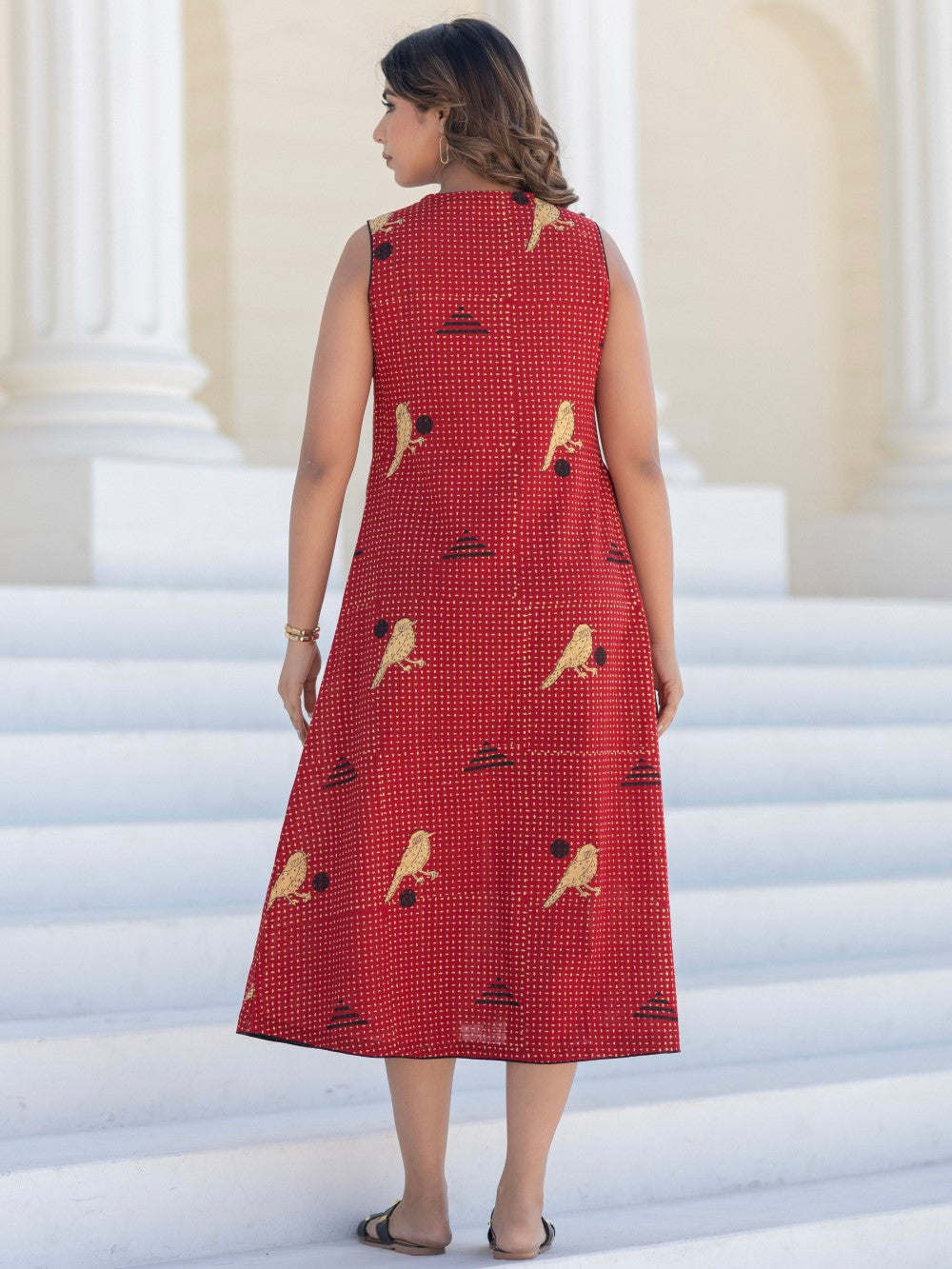 Long Sparrow Red' Hand Block Printed Cotton Dress