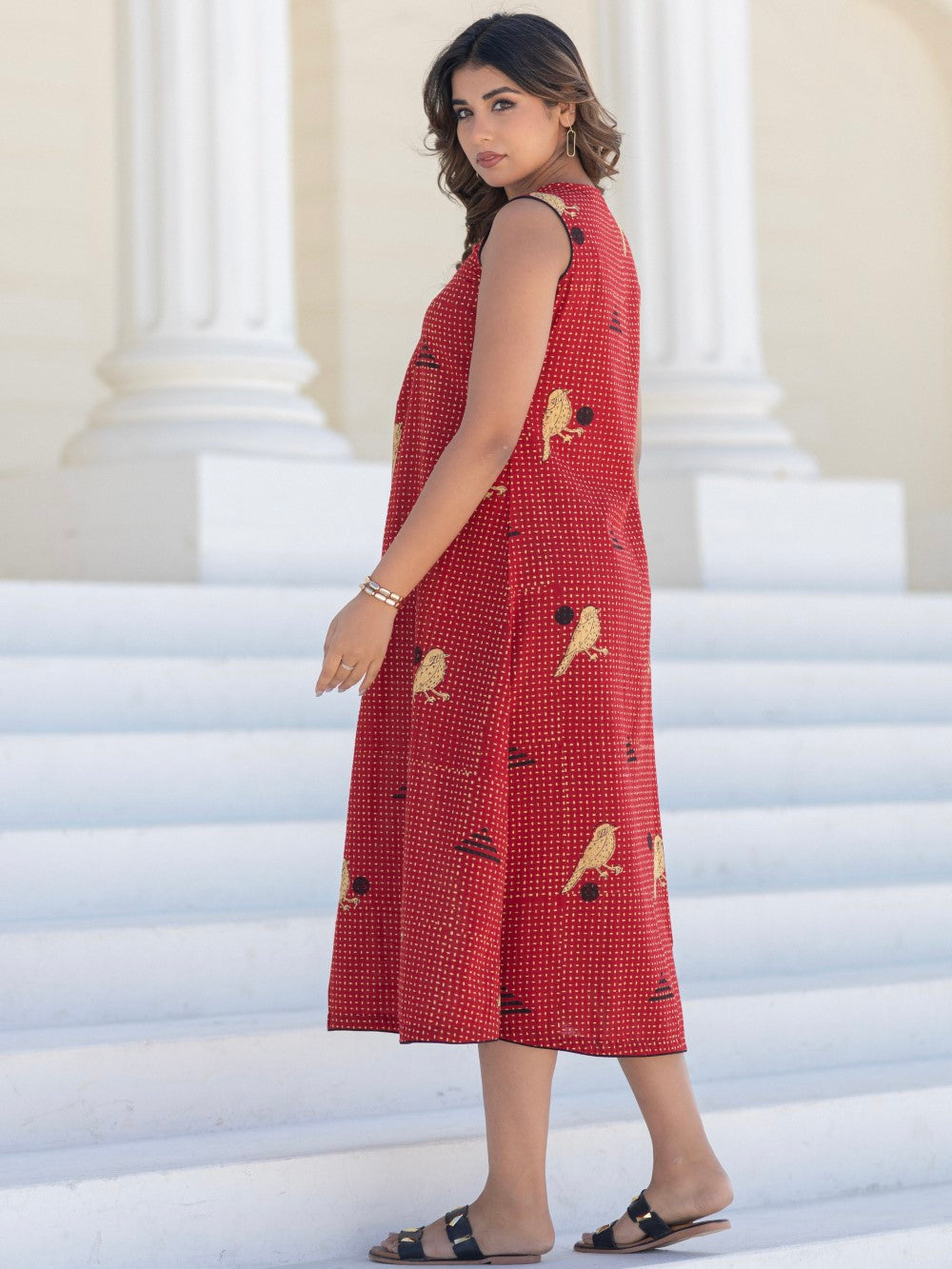 Long Sparrow Red' Hand Block Printed Cotton Dress