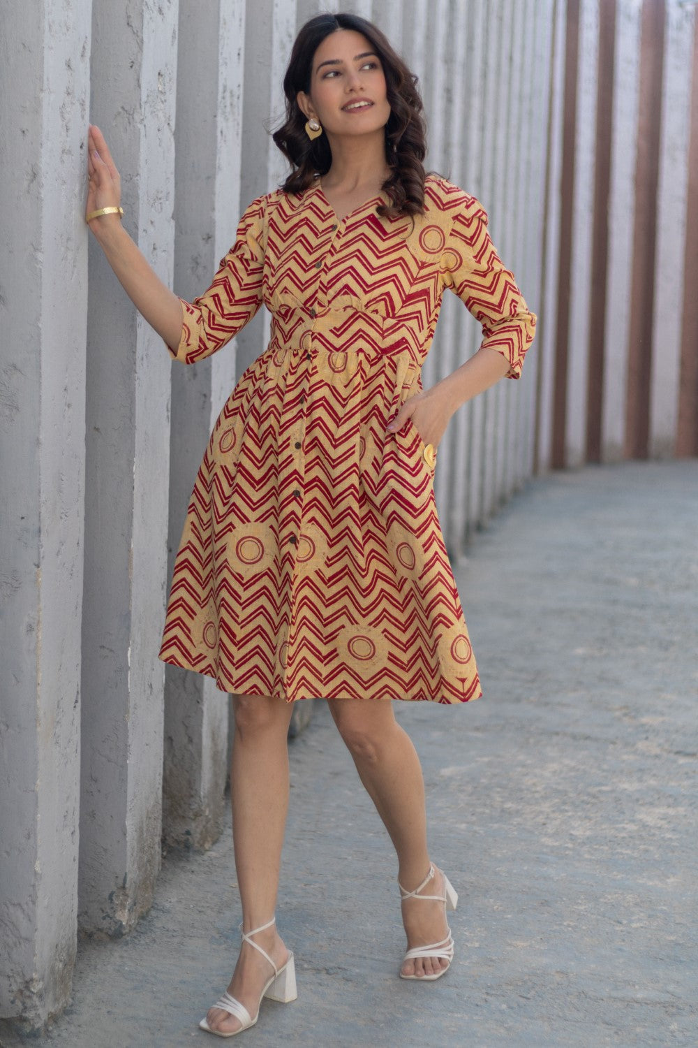 Chevron Sunset' Hand Block Printed Cotton Dress Red