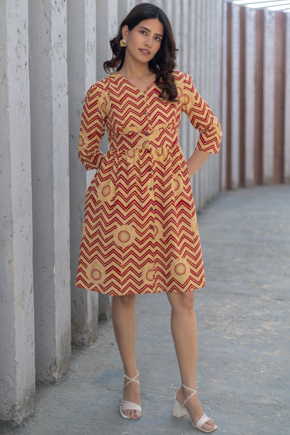 Chevron Sunset' Hand Block Printed Cotton Dress Red