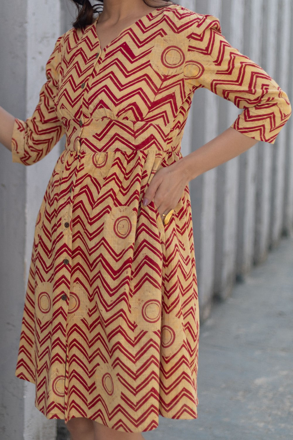 Chevron Sunset' Hand Block Printed Cotton Dress Red