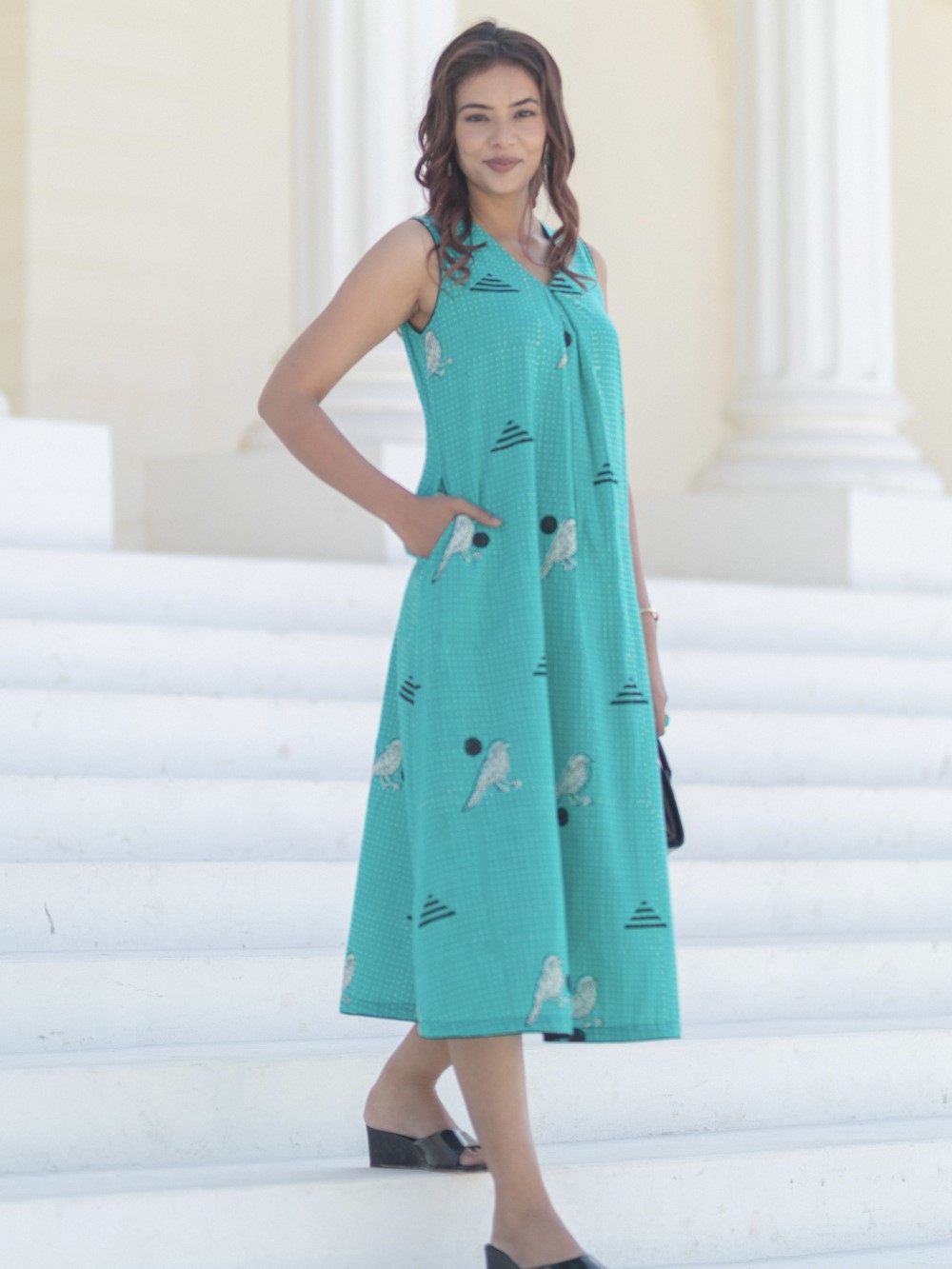'Sparrow tales Teal' Hand Block Printed Cotton Dress