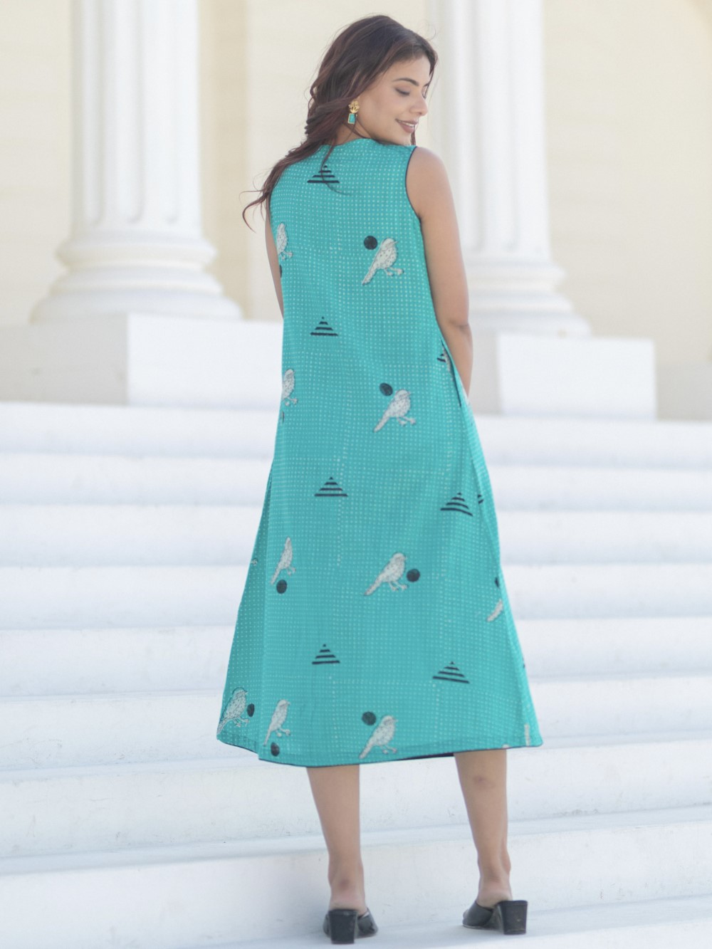 'Sparrow tales Teal' Hand Block Printed Cotton Dress