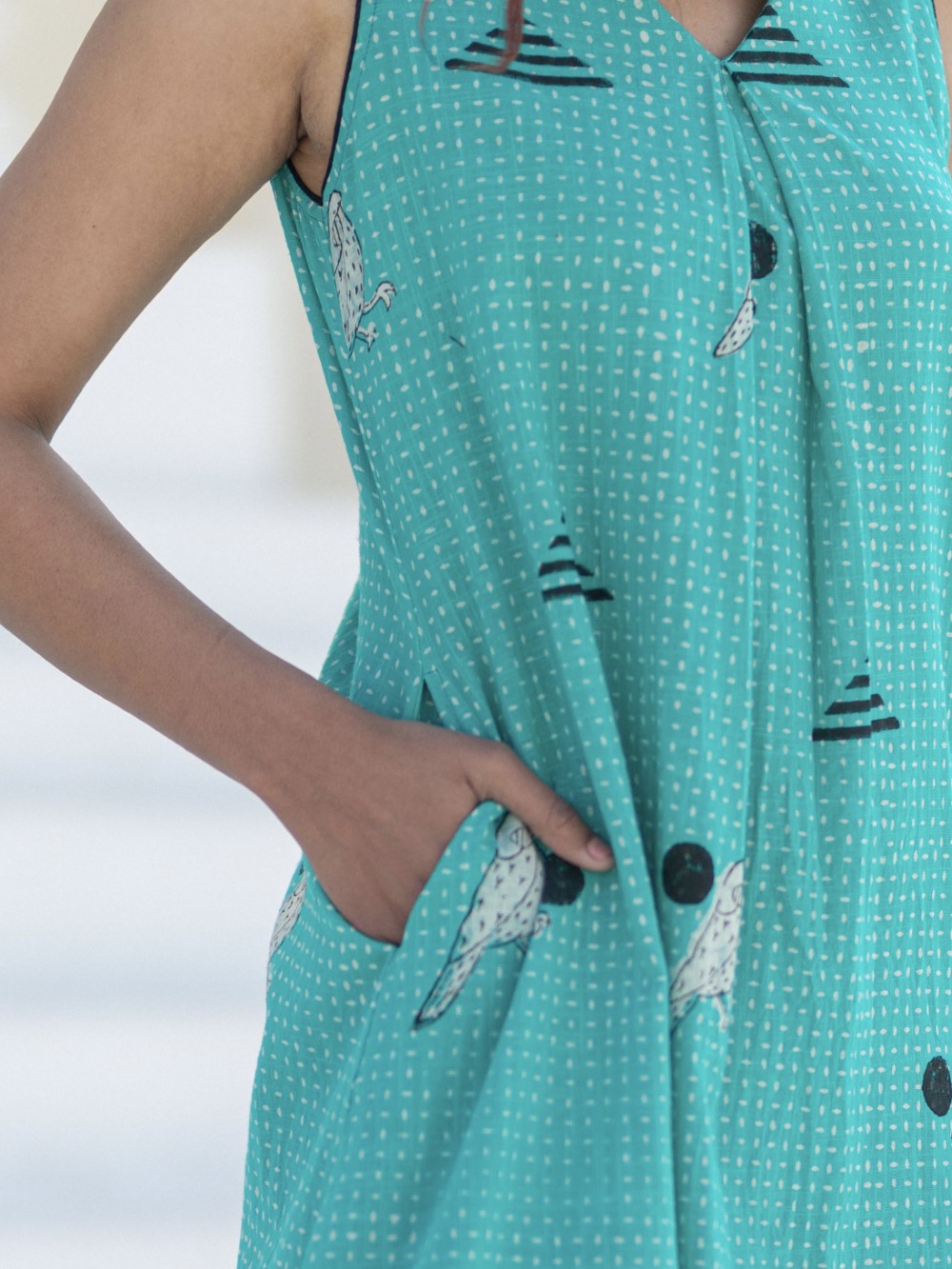 'Sparrow tales Teal' Hand Block Printed Cotton Dress
