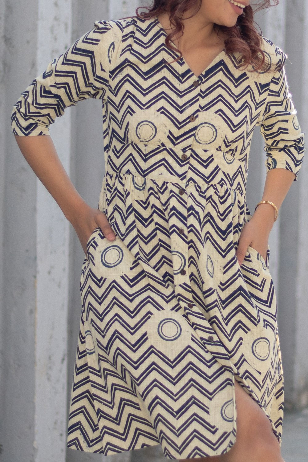 Chevron Sunset' Hand Block Printed Cotton Dress Blue