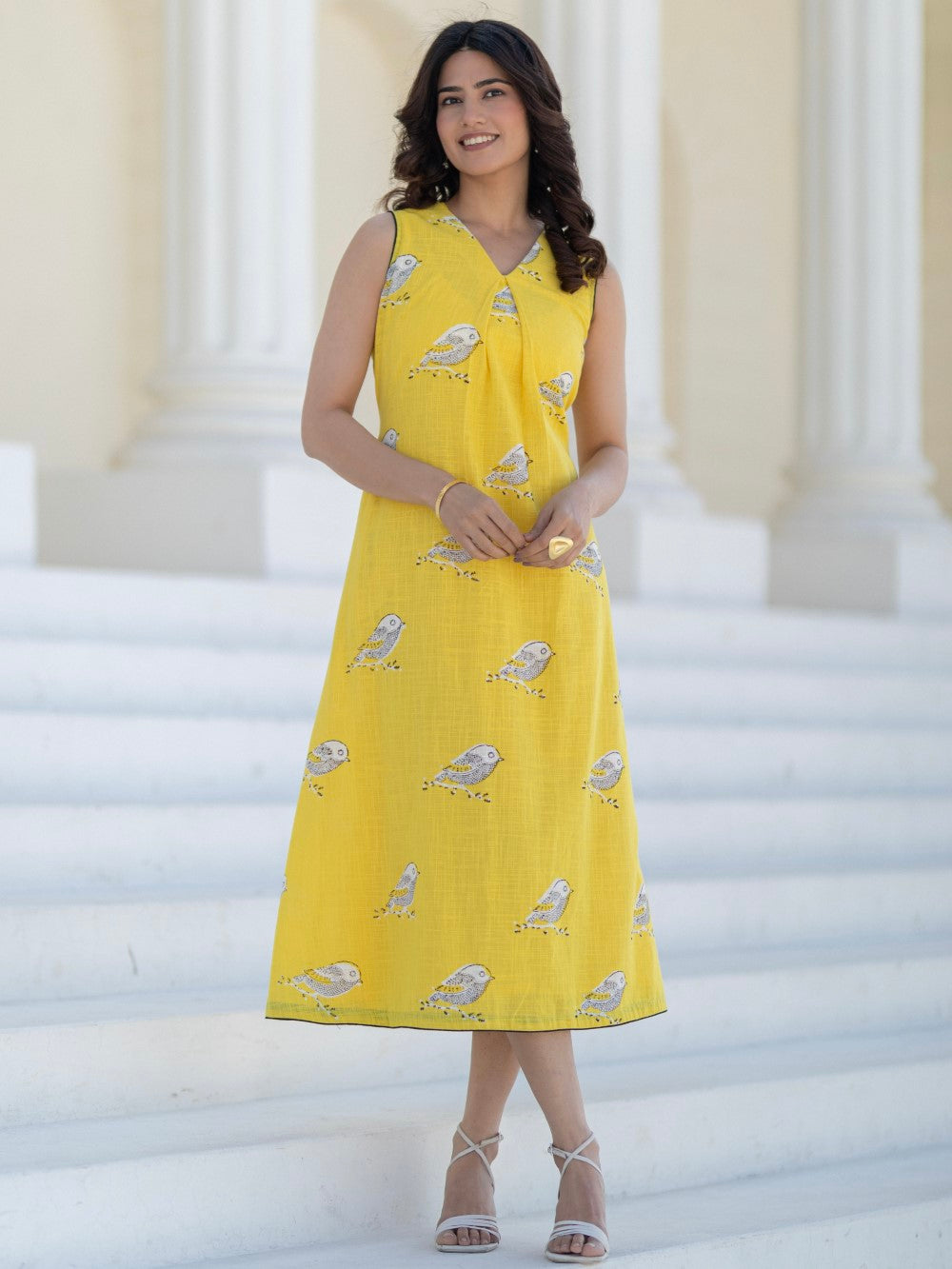 Sunlit Long Sparrow' Hand Block Printed Cotton Dress
