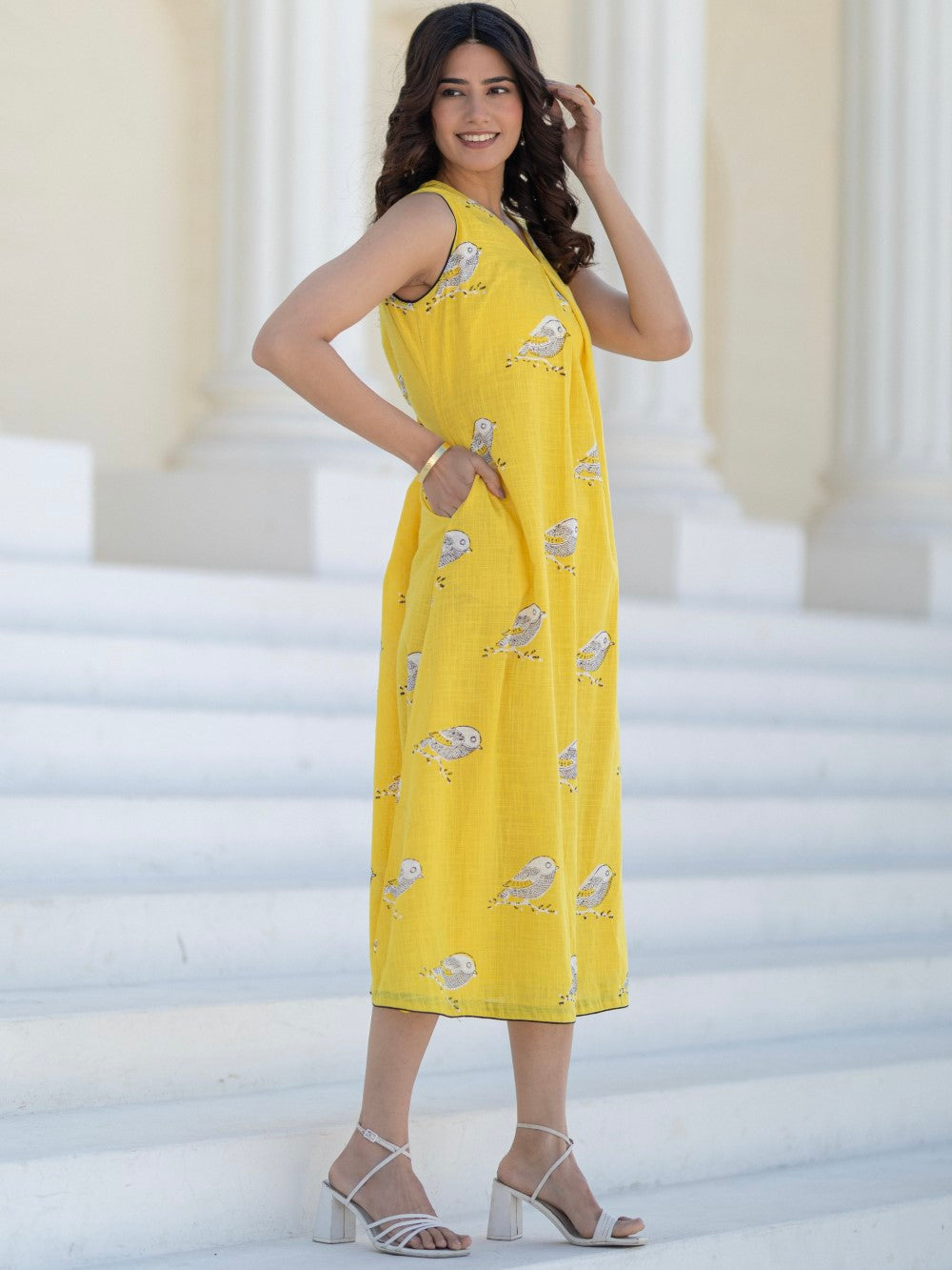 Sunlit Long Sparrow' Hand Block Printed Cotton Dress