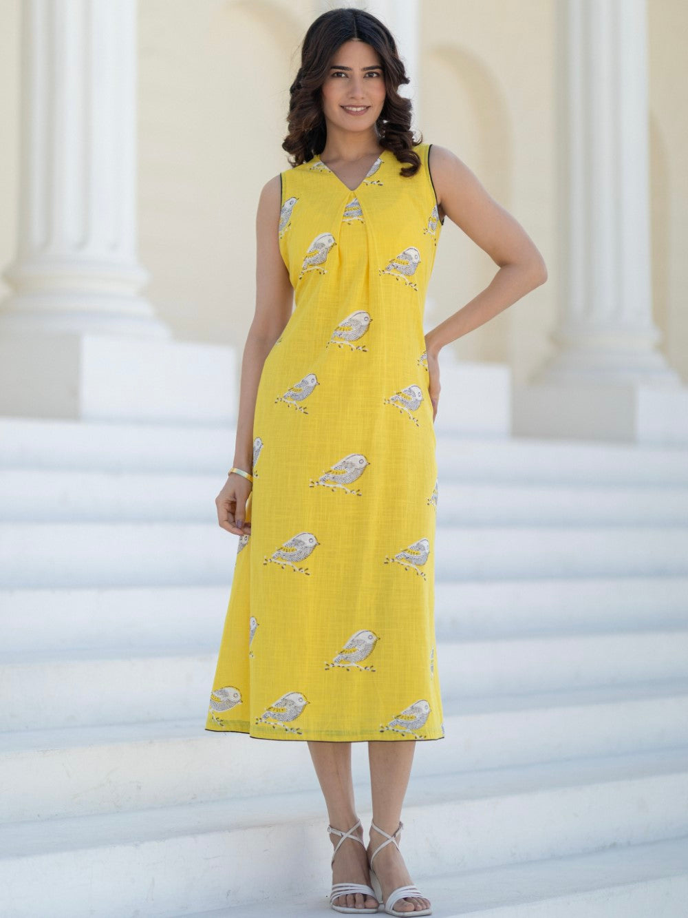 Sunlit Long Sparrow' Hand Block Printed Cotton Dress