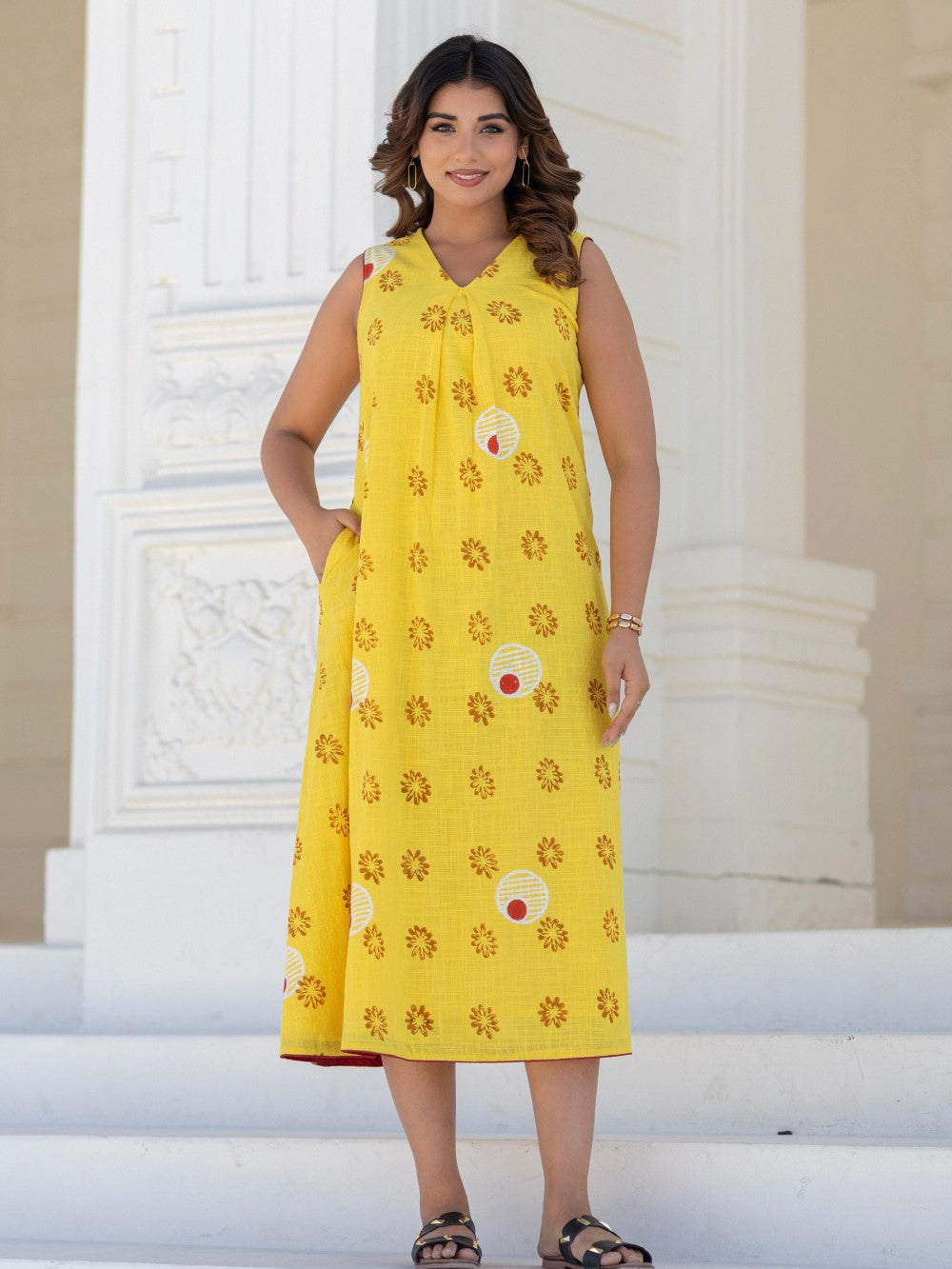 Foral Medallion Yellow ' Hand Block Printed Cotton Dress