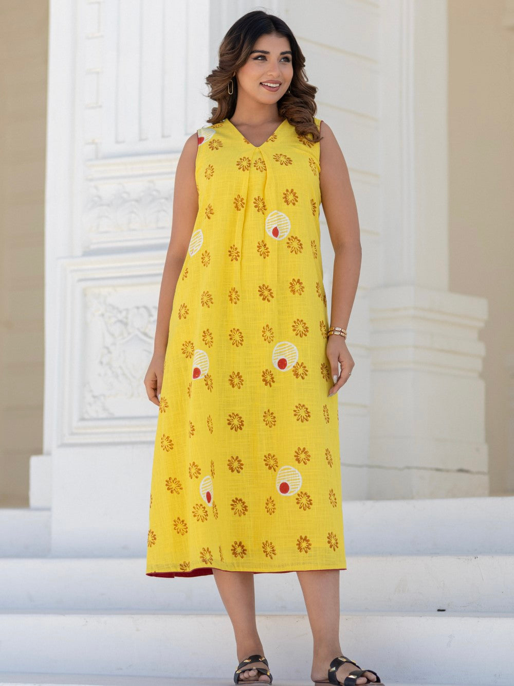 Foral Medallion Yellow ' Hand Block Printed Cotton Dress