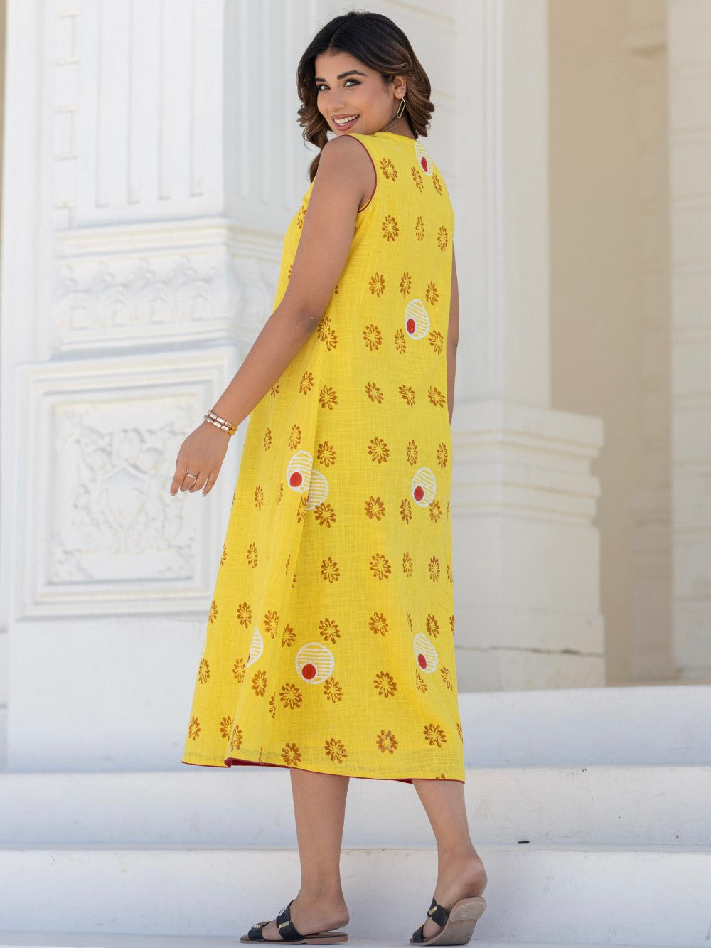 Foral Medallion Yellow ' Hand Block Printed Cotton Dress