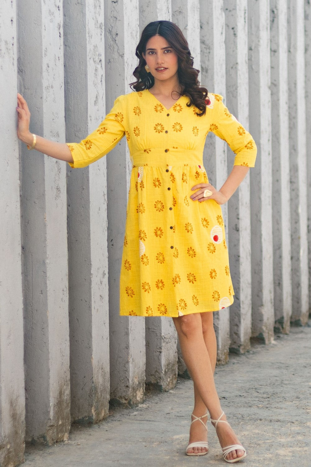 'Floral Medallion Yellow' Hand Block Printed Cotton Dress
