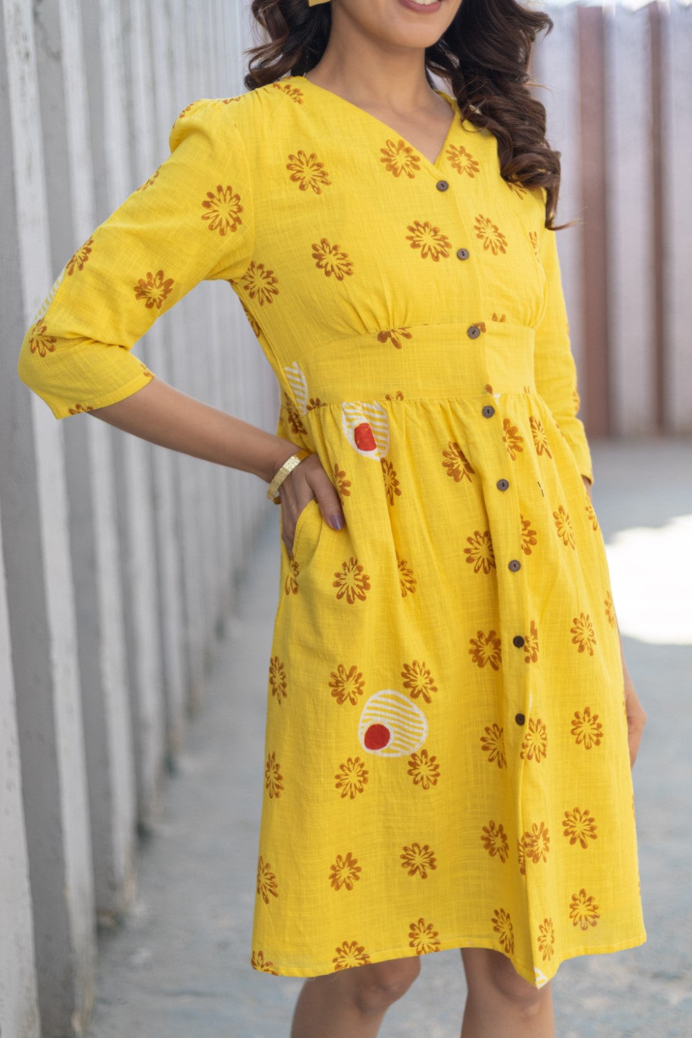 'Floral Medallion Yellow' Hand Block Printed Cotton Dress
