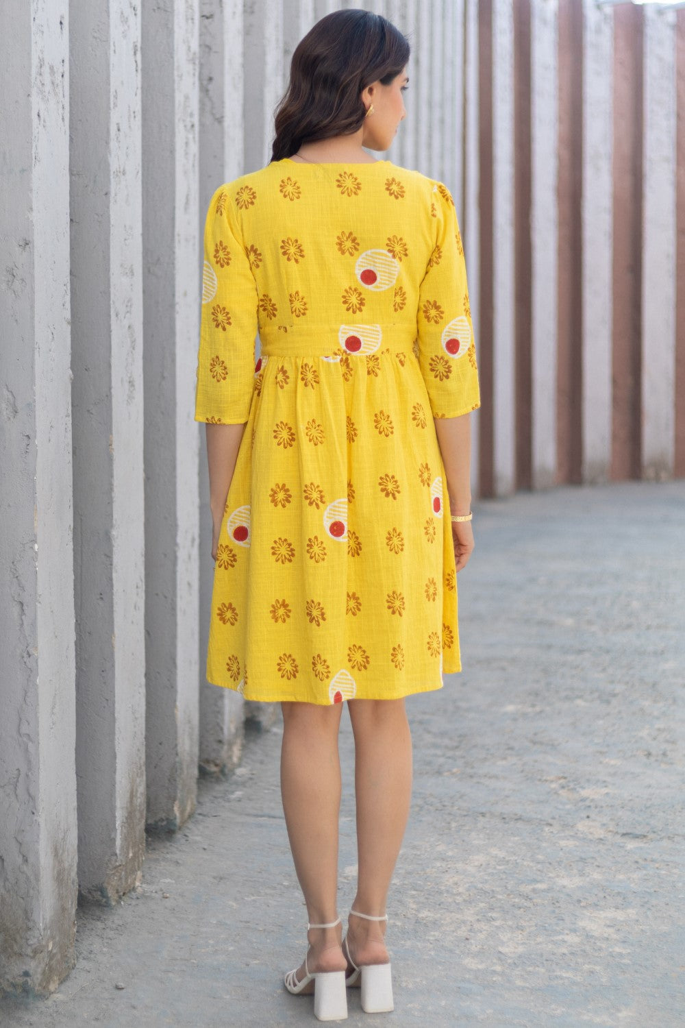 'Floral Medallion Yellow' Hand Block Printed Cotton Dress