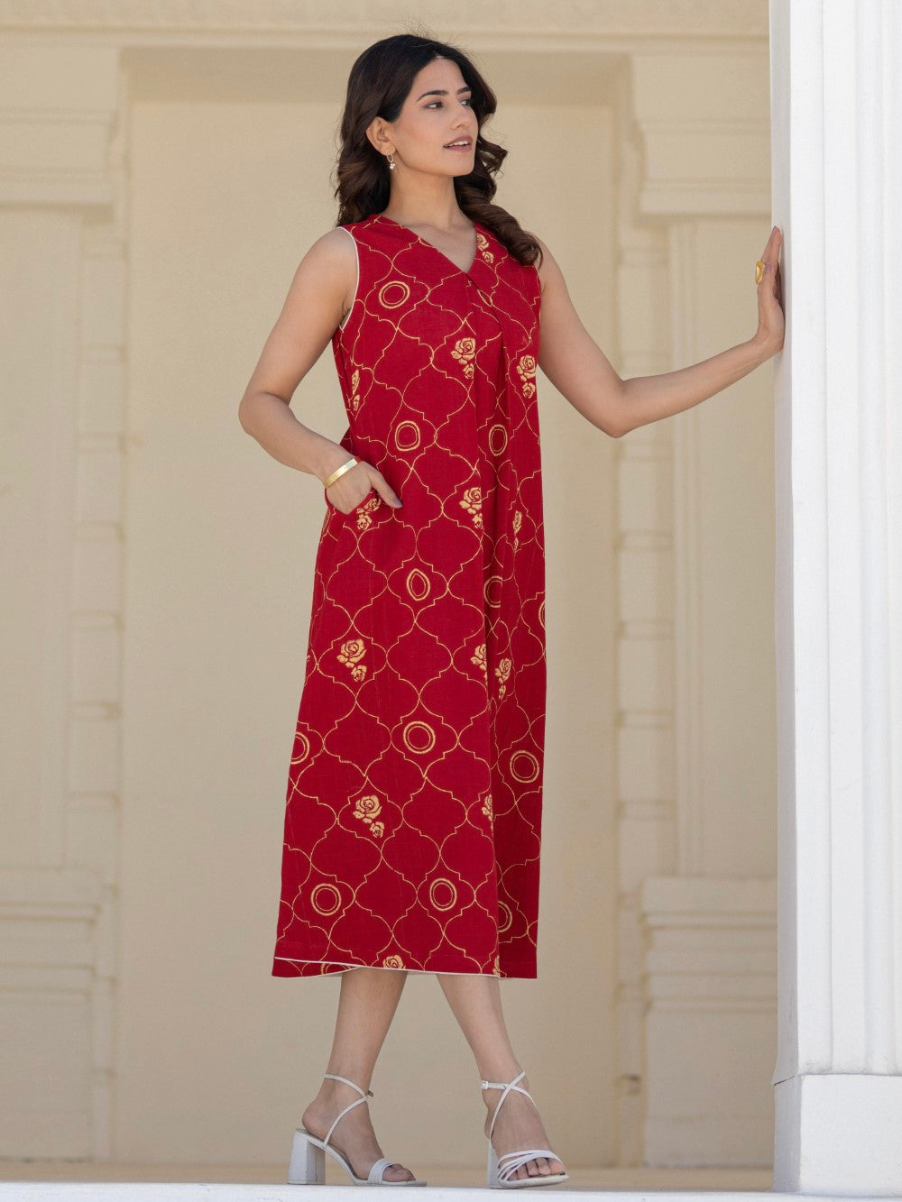 ' Rose Tapestry Red ' Hand Block Printed Cotton Dress