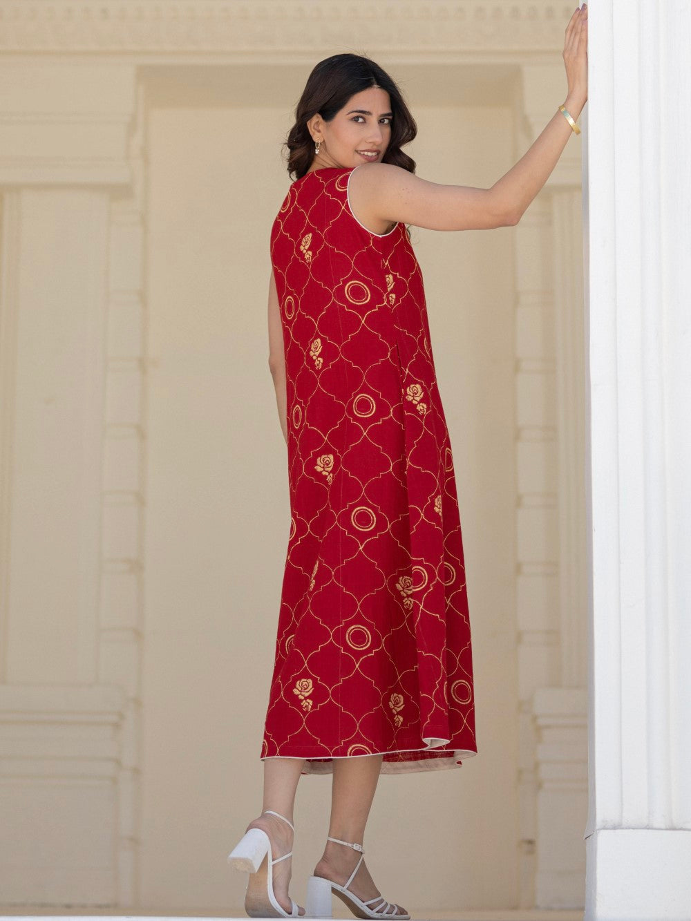 ' Rose Tapestry Red ' Hand Block Printed Cotton Dress