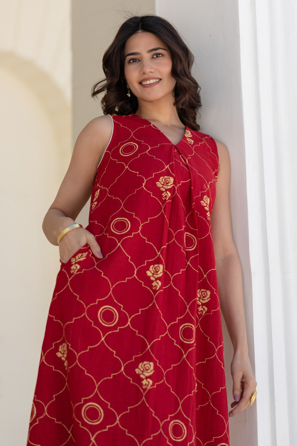 ' Rose Tapestry Red ' Hand Block Printed Cotton Dress