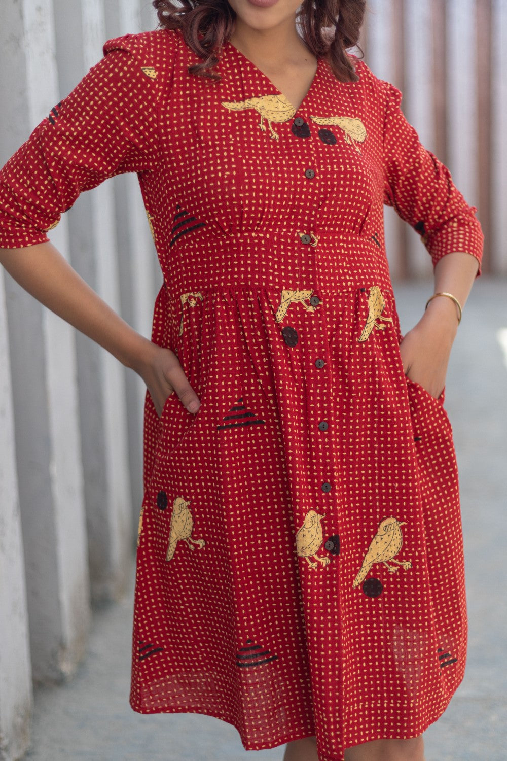 Sparrow Tales Red' Hand Block Printed Cotton Dress RED