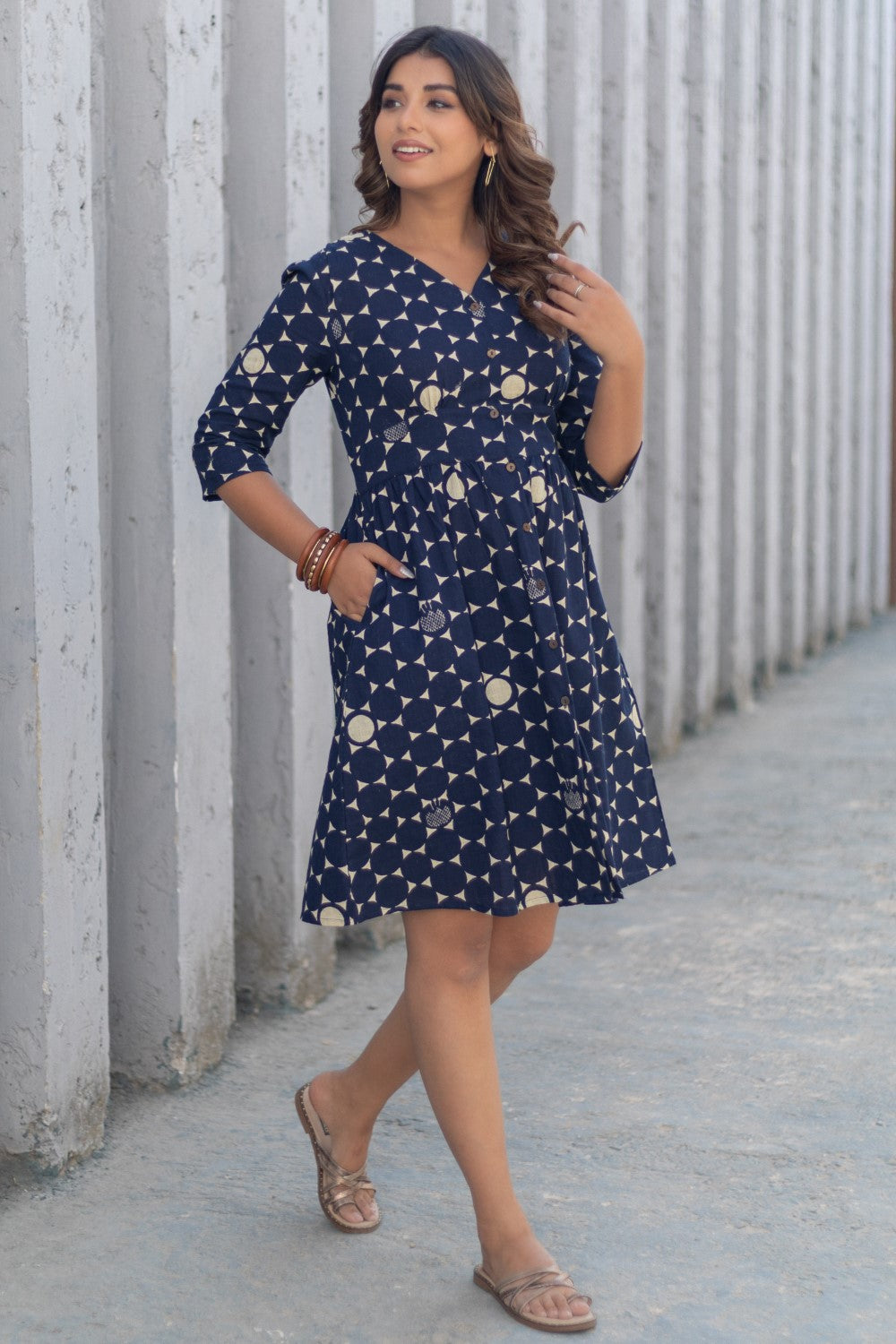 Starry Night' Hand Block Printed Cotton Dress BLUE
