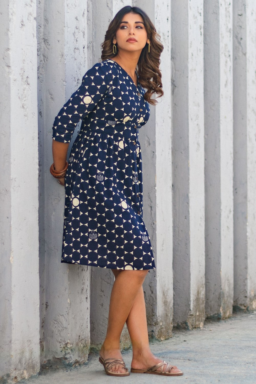 Starry Night' Hand Block Printed Cotton Dress BLUE