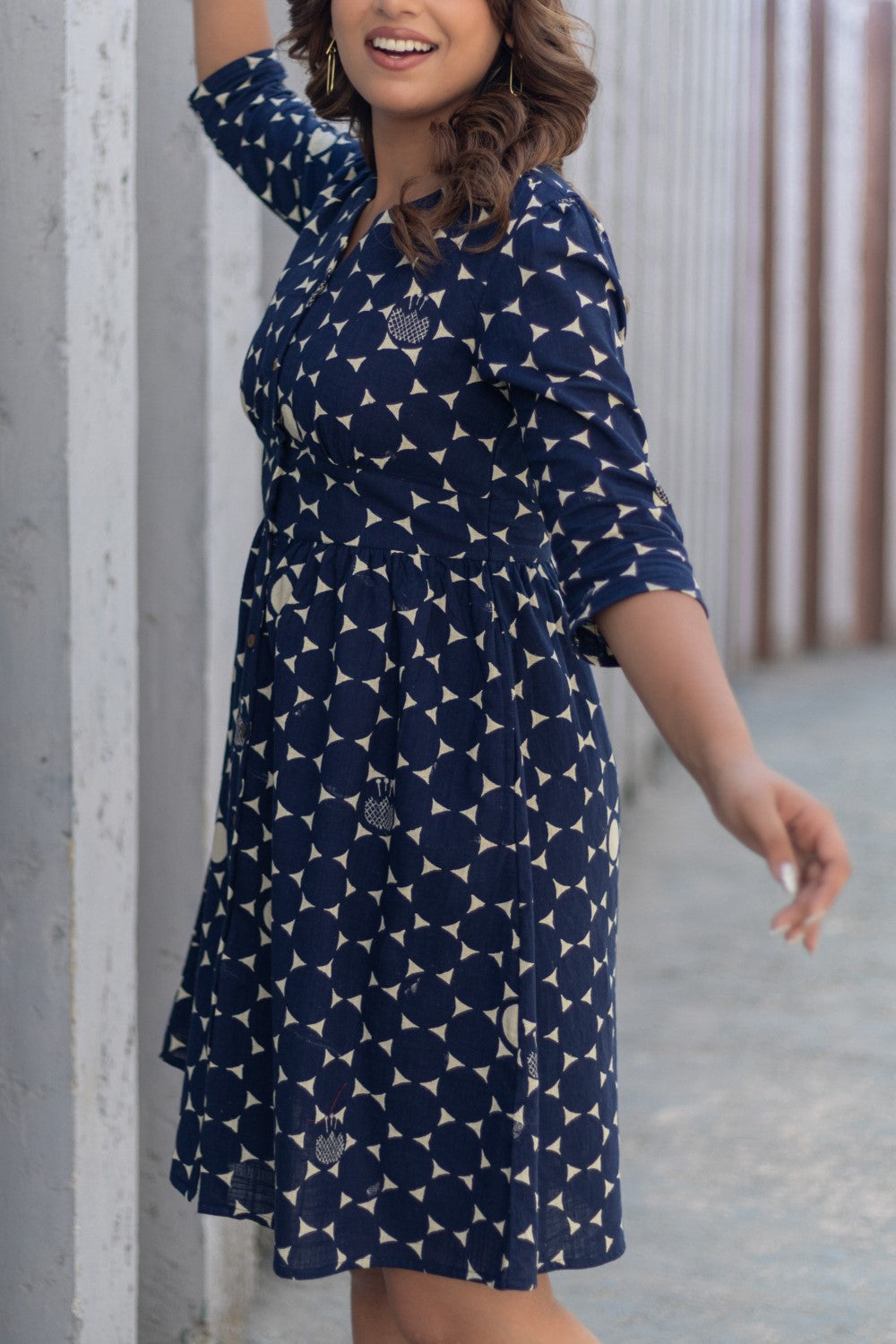 Starry Night' Hand Block Printed Cotton Dress BLUE