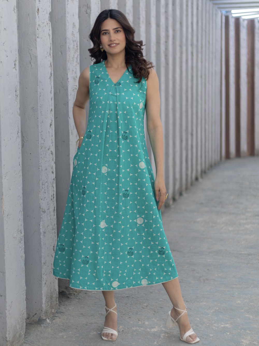 Starry Nights Teal' Hand Block Printed Cotton Dress