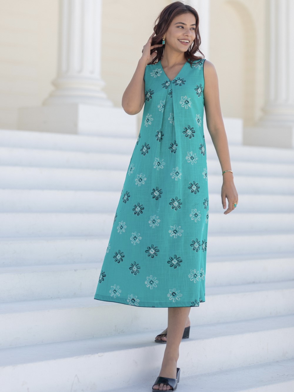 Cyan Blooms' Hand Block Printed Cotton Dress