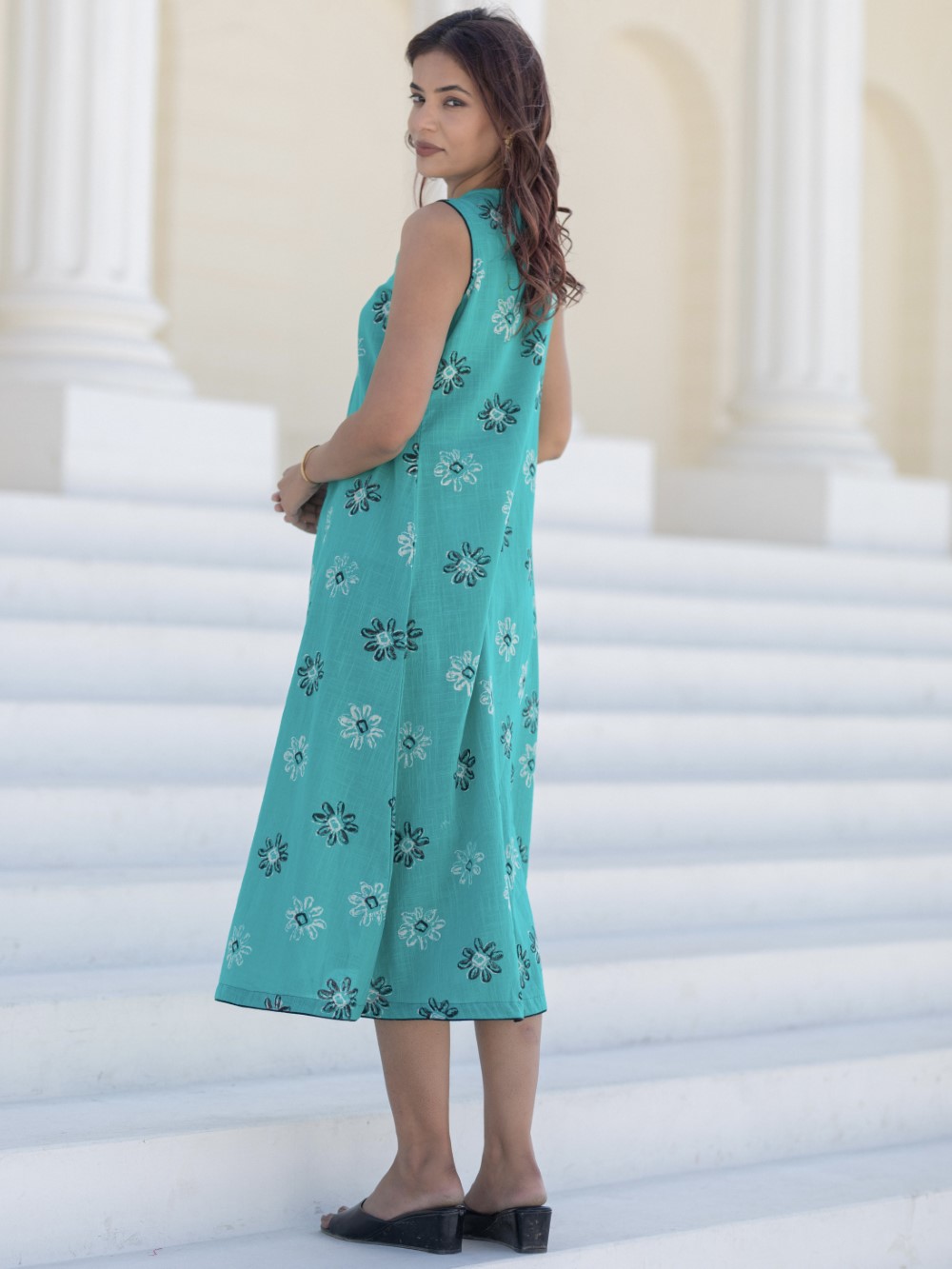 Cyan Blooms' Hand Block Printed Cotton Dress