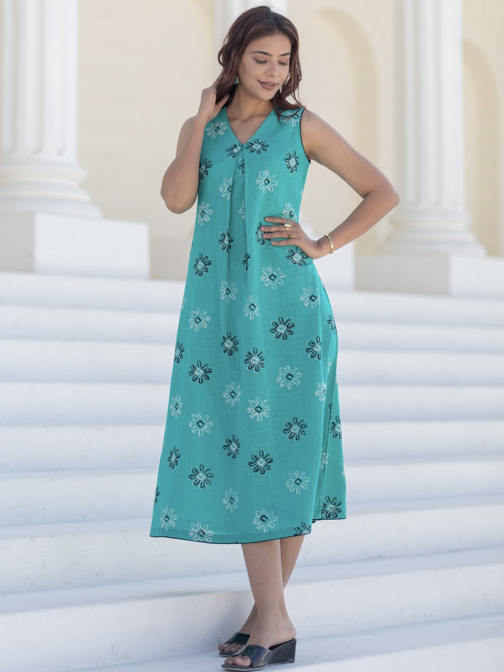 Cyan Blooms' Hand Block Printed Cotton Dress
