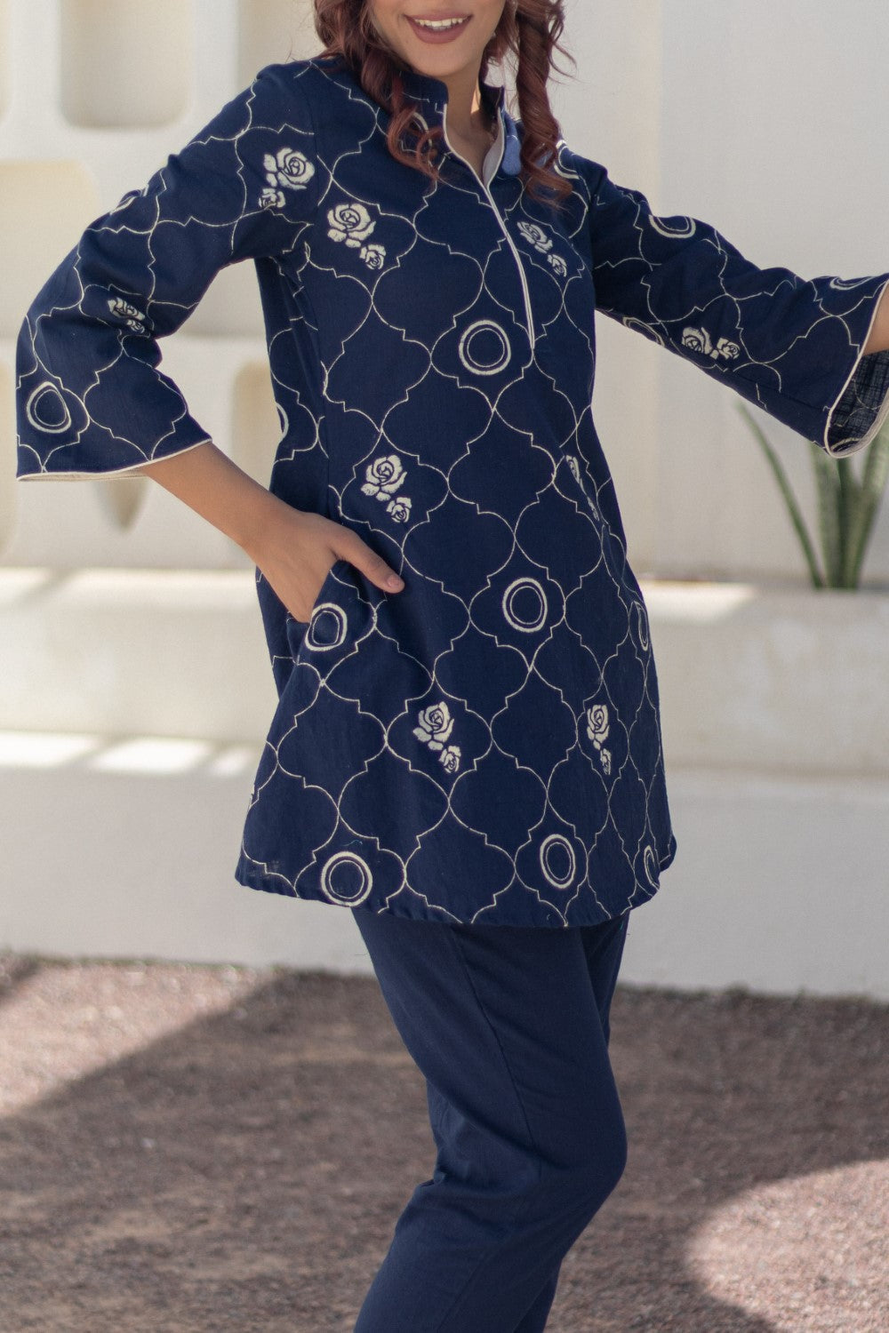 Rose Tapestry Blue' Hand Block Printed Cotton Dress