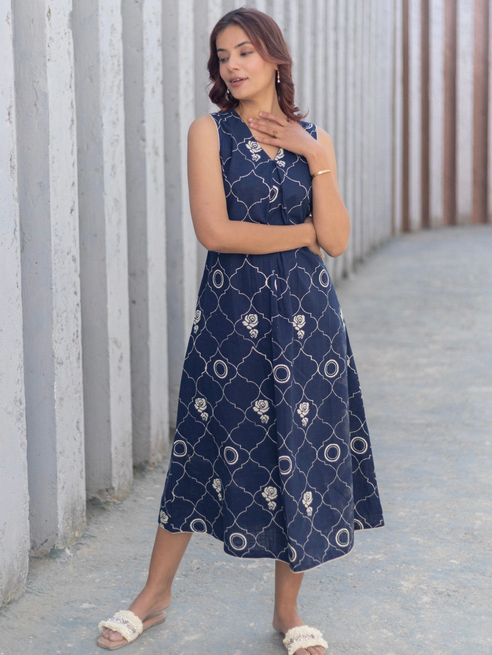 Tapestry Blue' Hand Block Printed Cotton Dress
