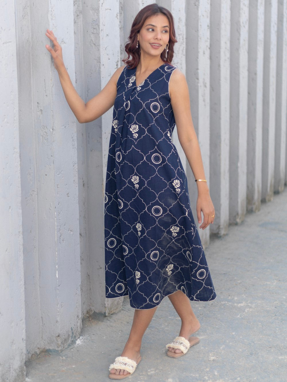 Tapestry Blue' Hand Block Printed Cotton Dress