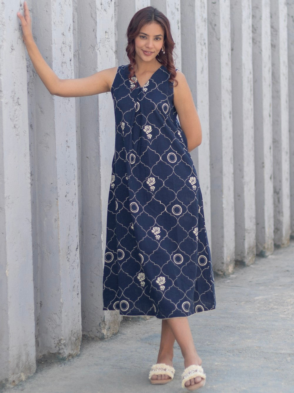 Tapestry Blue' Hand Block Printed Cotton Dress