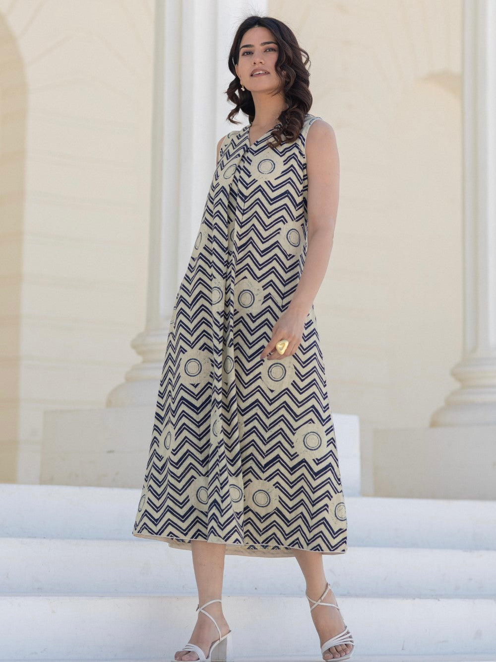 Chevron Sunset Blue ' Hand Block Printed Cotton Dress