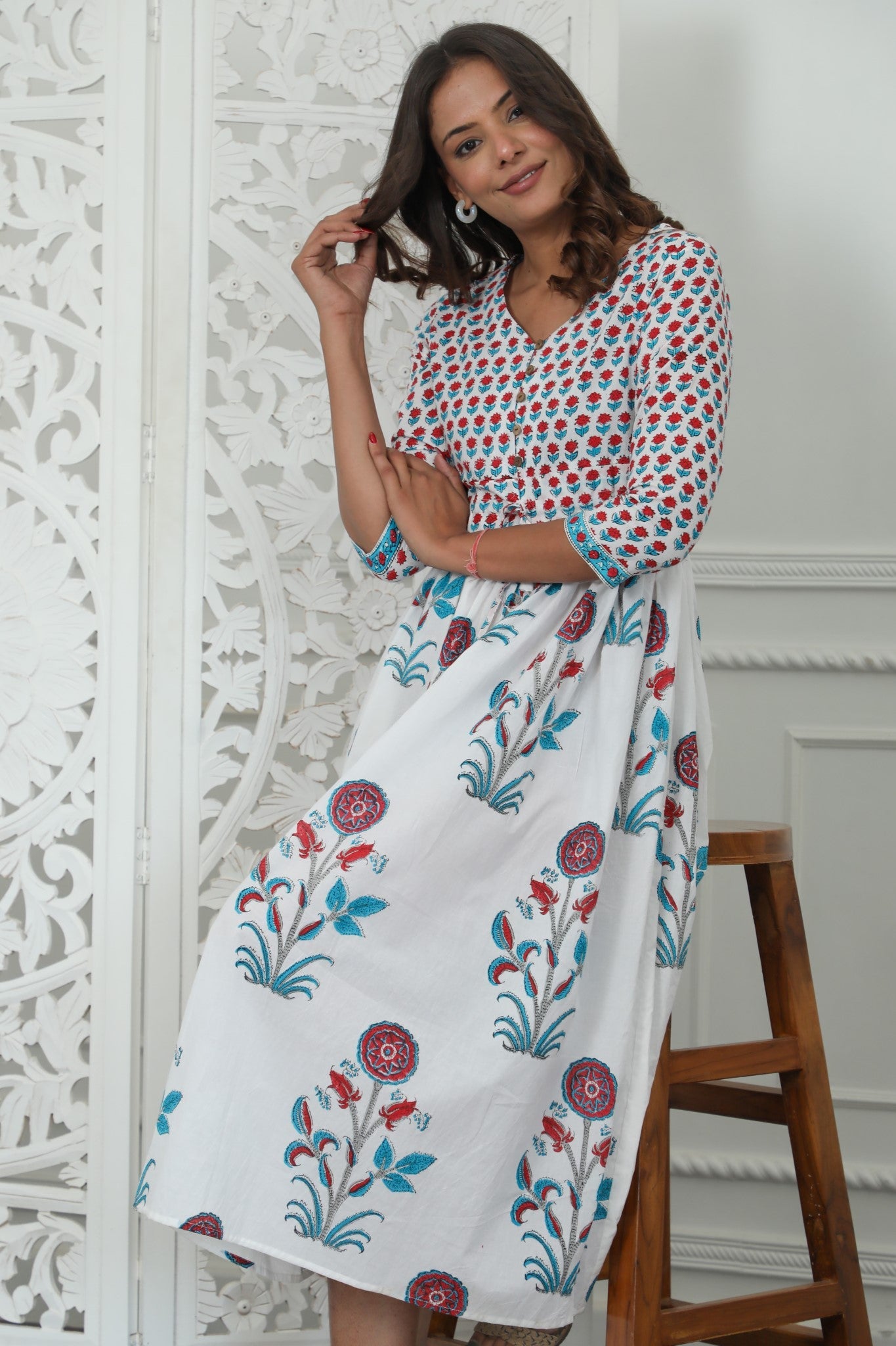 Sootisyahi ' Bloomix ' Azofree Handblock Printed Pure Cotton Dress
