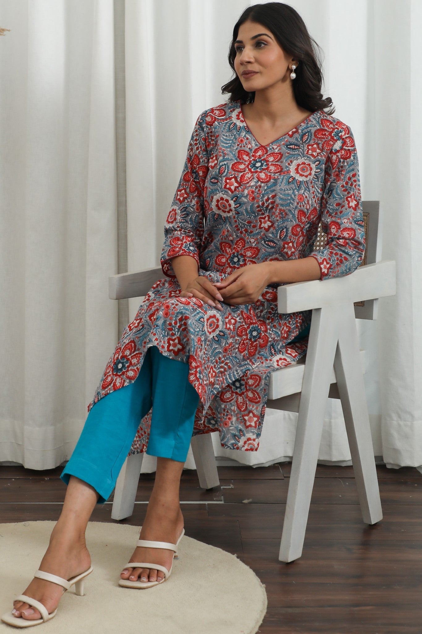Radiant Vibes ' Azofree Handblock Printed Pure Cotton Kurti - SootiSyahi