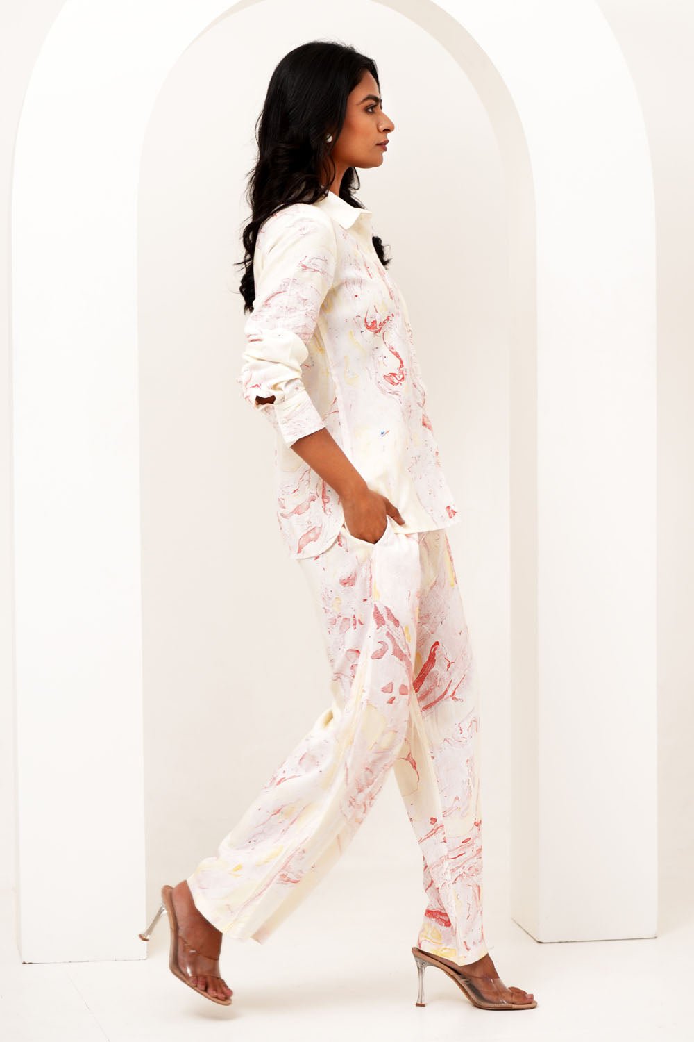 Stone Essence Hand Marble Printed Modal Silk Co - Ord Set - SootiSyahi