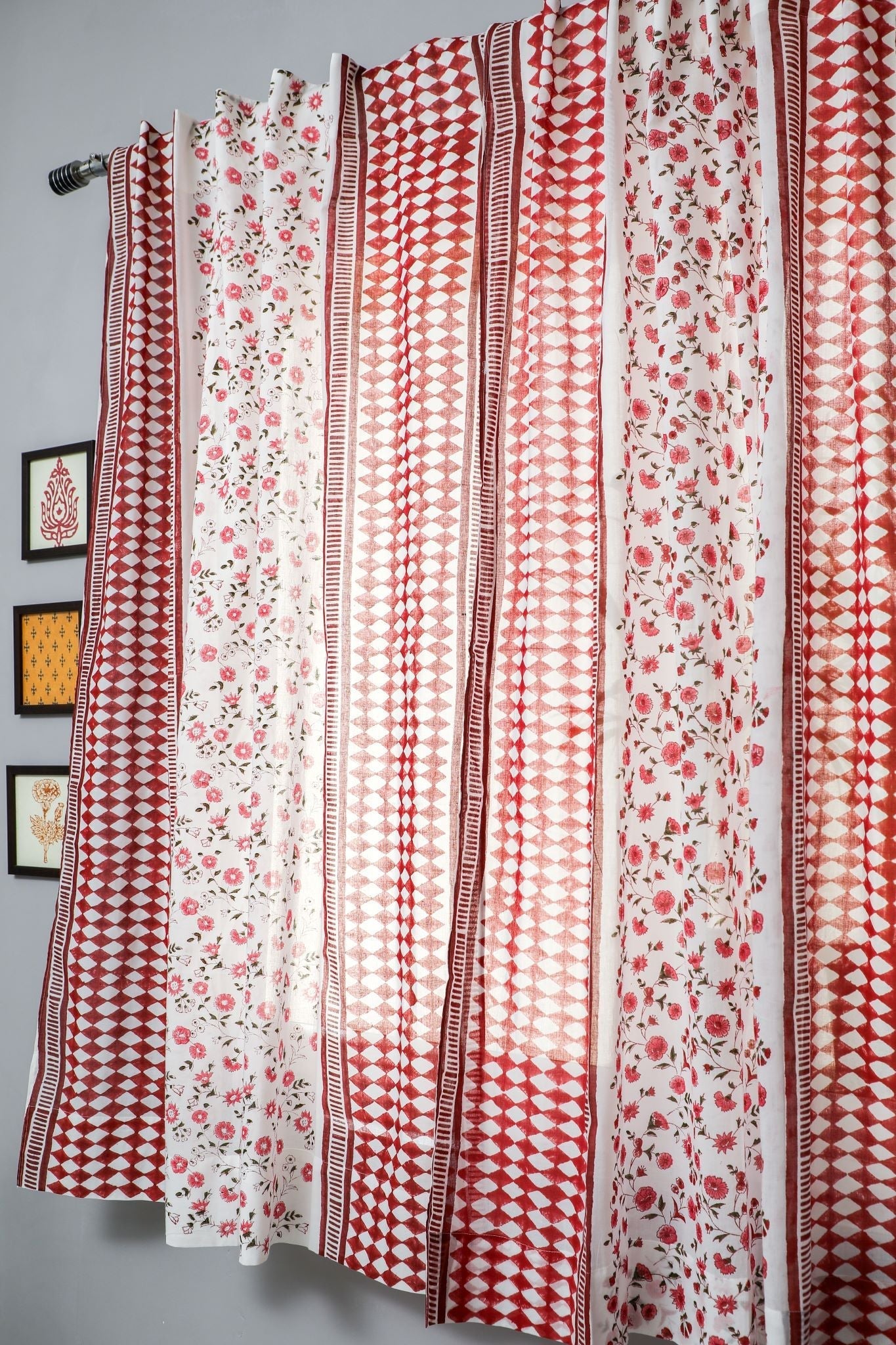 'Anemone Orchid' Handblock Printed Cotton Window Curtain - SootiSyahi