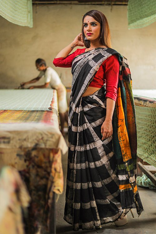 Batik Handblock Print Chanderi Silk Saree - SootiSyahi