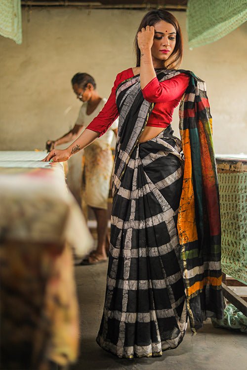 Batik Handblock Print Chanderi Silk Saree - SootiSyahi