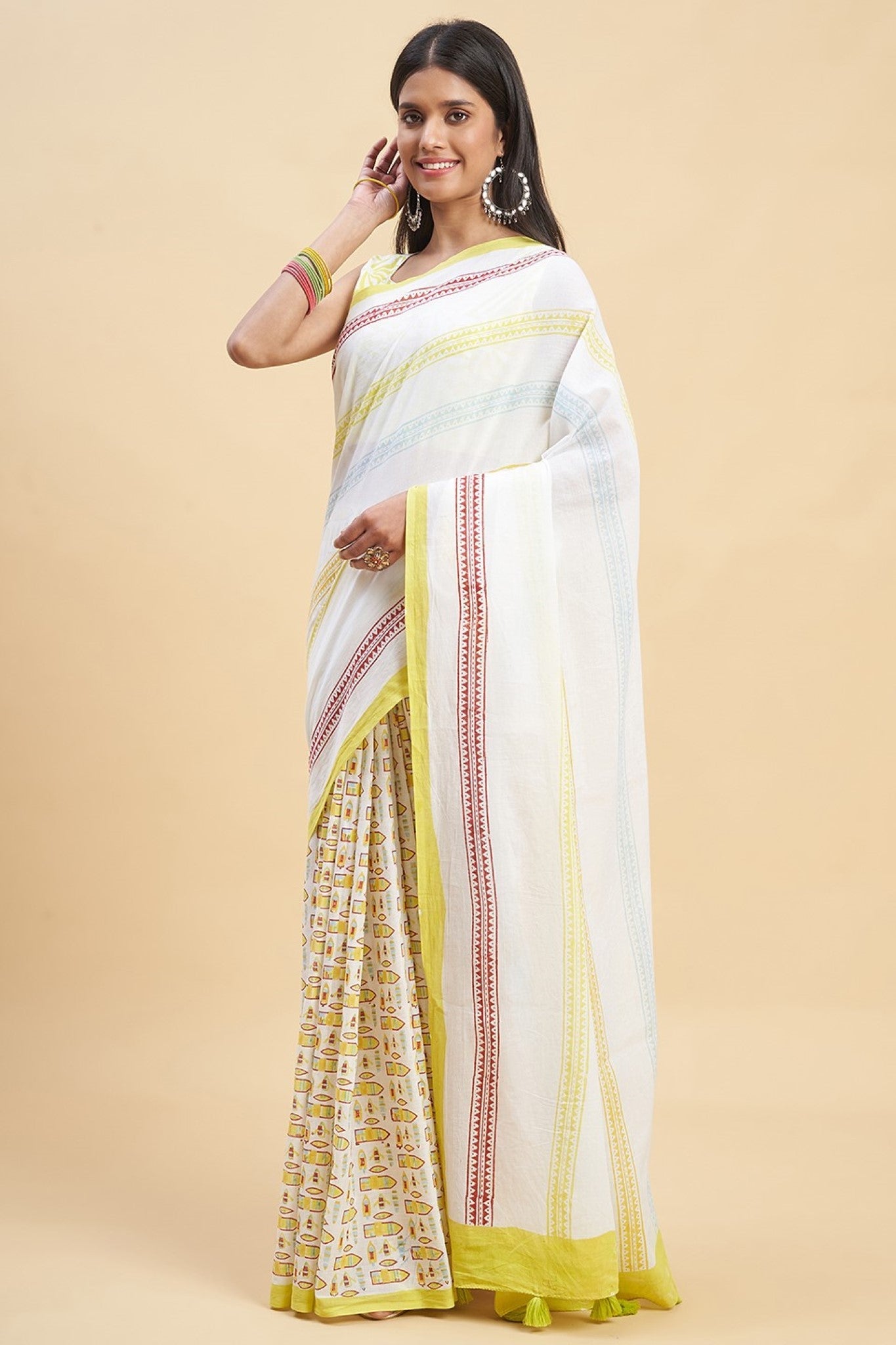 "California Yellow" HANDBLOCK PRINT MUL COTTON SAREE - SootiSyahi