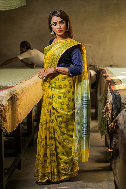 Discharge Handblock Printed Maheshwari Saree - SootiSyahi