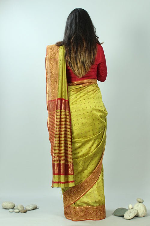 Discharge Handblock Printed Maheshwari Saree - SootiSyahi