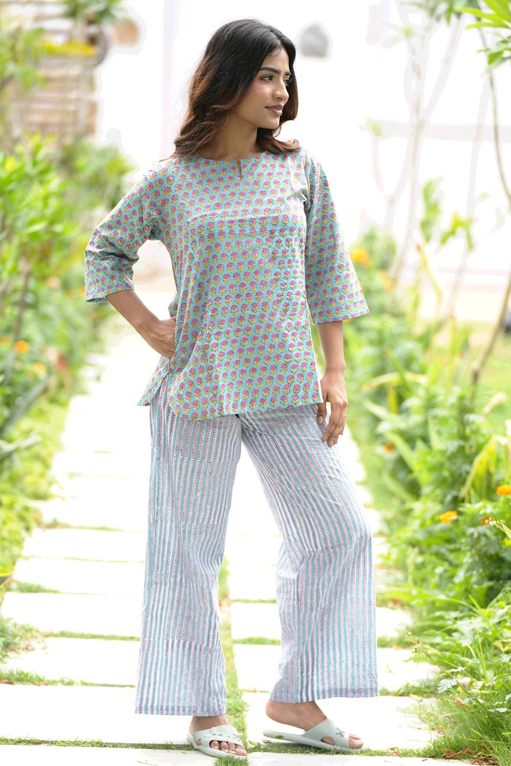 Ferny Blush Block Printed Night suit - SootiSyahi