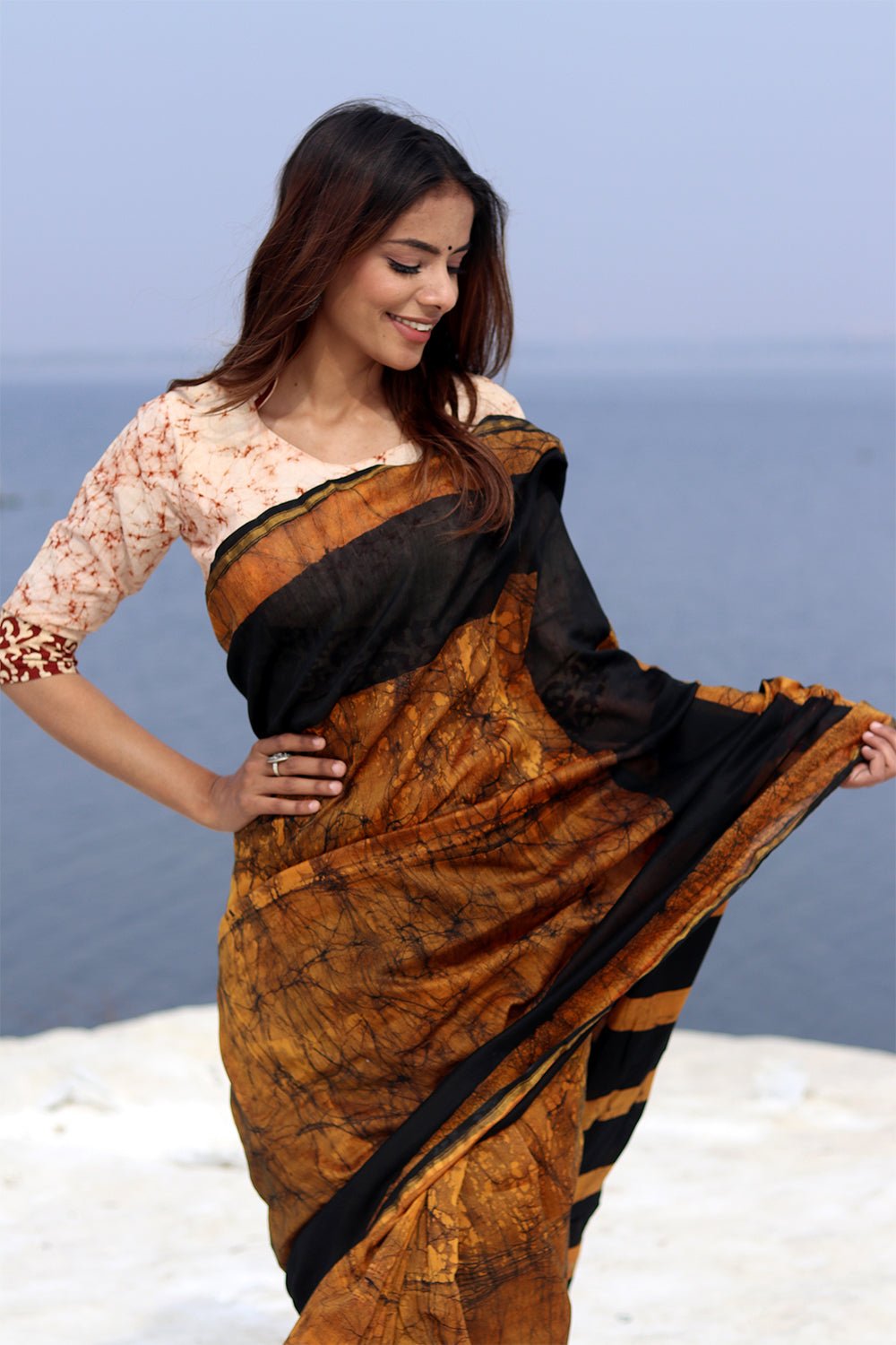 "Ginger Rush" Batik Chanderi Saree - SootiSyahi