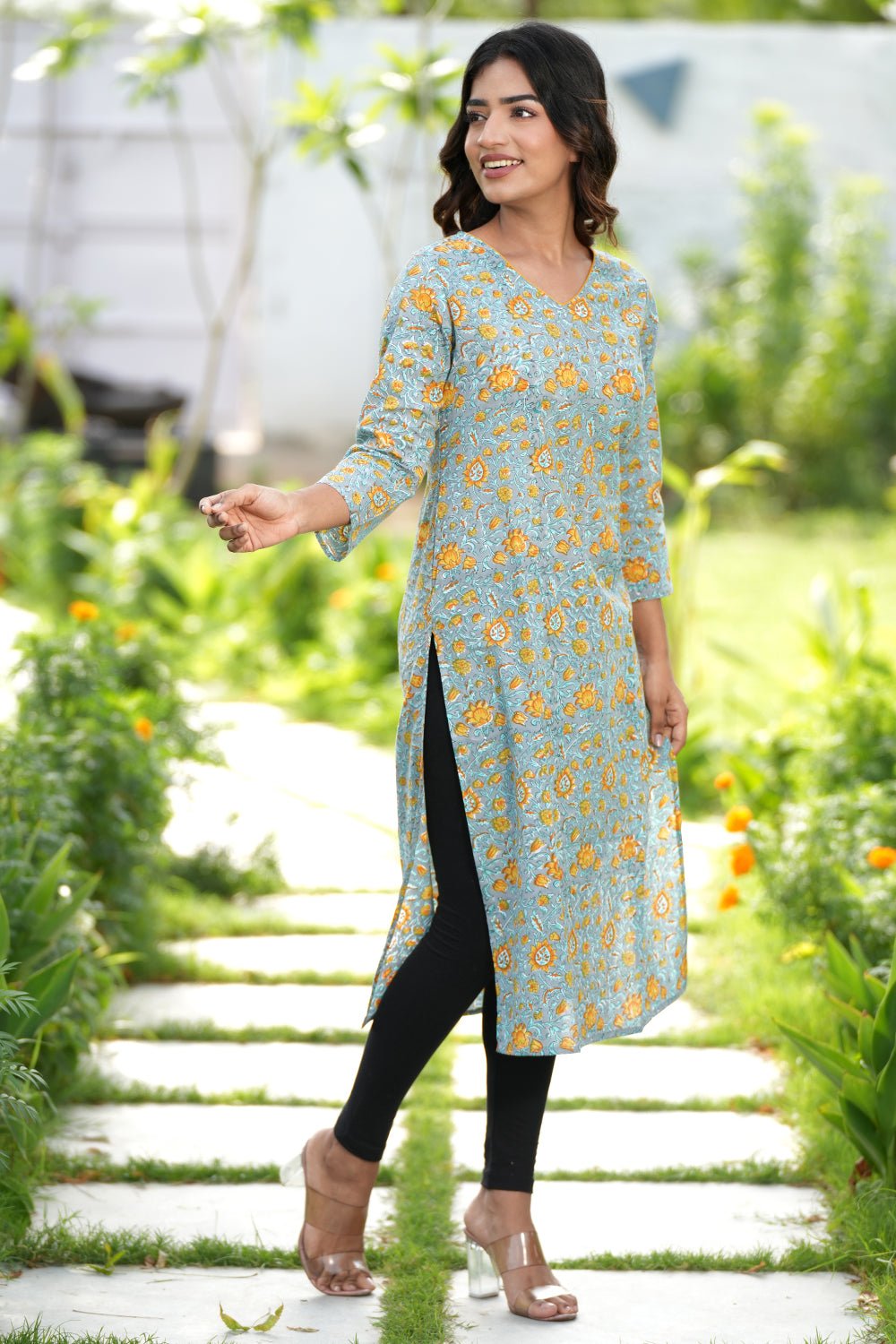 Greyed Saffron Handblock Printed Cotton Kurti - SootiSyahi